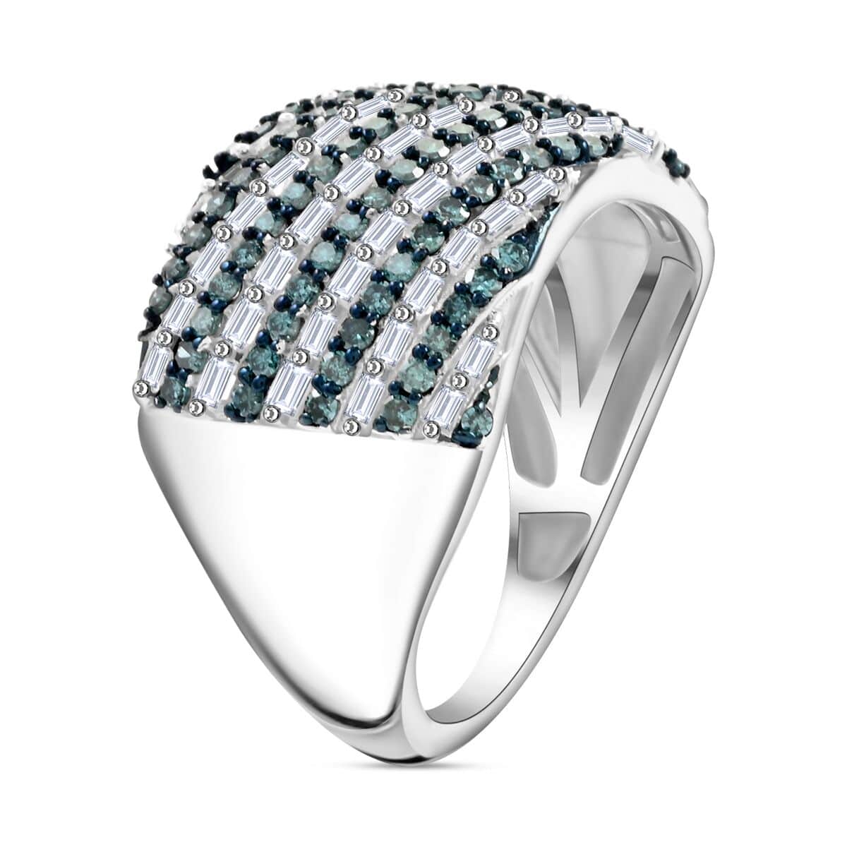 Venice Blue Diamond I1-I2 and White Diamond Ring in Platinum Over Sterling Silver (Size 6.0) 1.00 ctw image number 3