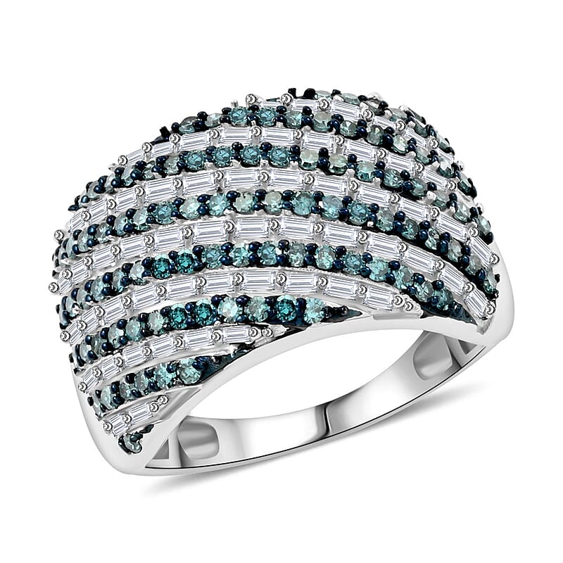 Venice Blue Diamond I1-I2 and White Diamond Ring in Platinum Over Sterling Silver (Size 7.0) 1.00 ctw