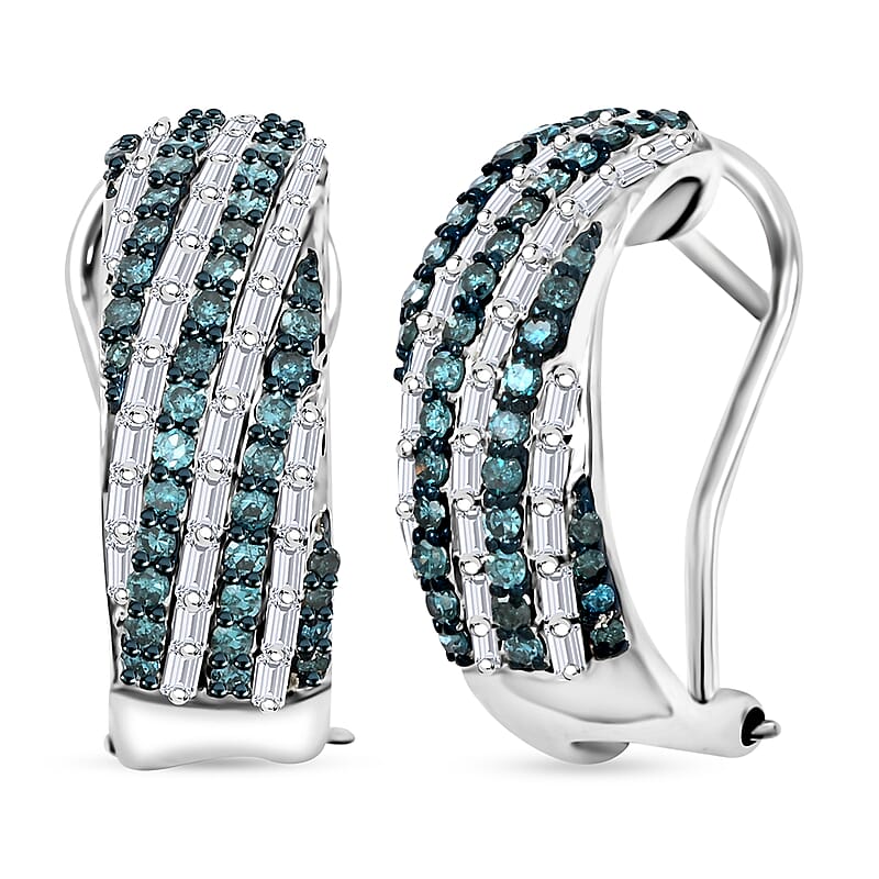 Venice Blue Diamond I1-I2 and White Diamond Earrings in Platinum Over Sterling Silver 1.00 ctw