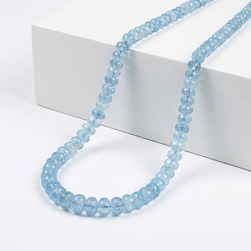 Certified & Appraised Rhapsody AAAA Santa Maria Aquamarine 75.00 ctw Beaded Necklace in 950 Platinum 18 Inches
