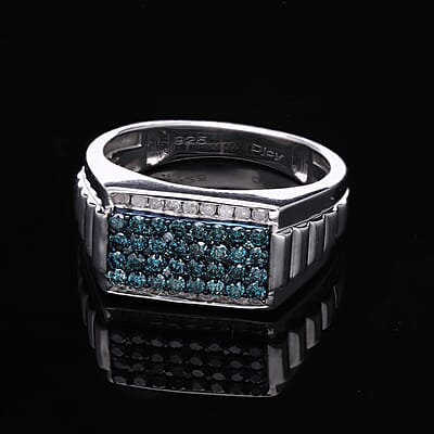 Venice Blue Diamond I1-I2 and White Diamond Men's Ring in Platinum Over Sterling Silver (Size 10.0) 1.00 ctw
