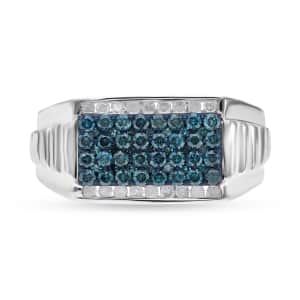 Venice Blue Diamond I1-I2 and White Diamond Men's Ring in Platinum Over Sterling Silver (Size 11.0) 1.00 ctw
