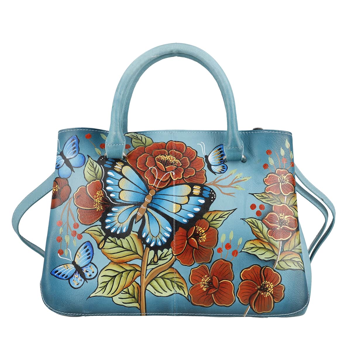 Sukriti Green Butterfly and Flower Hand Painted Genuine Leather Shoulder Bag image number 0