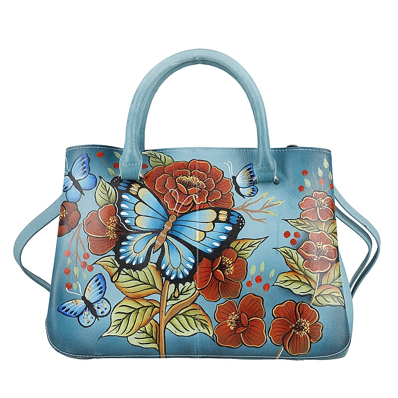 Sukriti Green Butterfly and Flower Hand Painted Genuine Leather Shoulder Bag