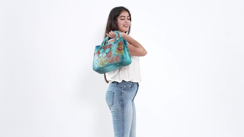 Sukriti Green Butterfly and Flower Genuine Leather Handpainted Shoulder Bag (14"x9.75"x3.8")
