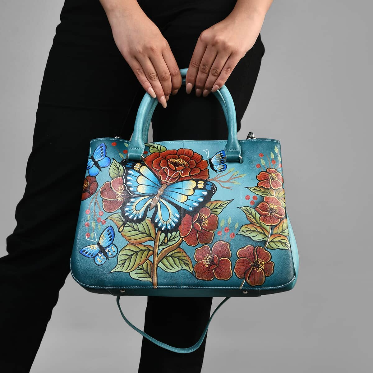 Sukriti Green Butterfly and Flower Hand Painted Genuine Leather Shoulder Bag image number 1