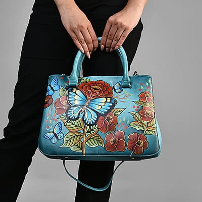 Sukriti Green Butterfly and Flower Hand Painted Genuine Leather Shoulder Bag