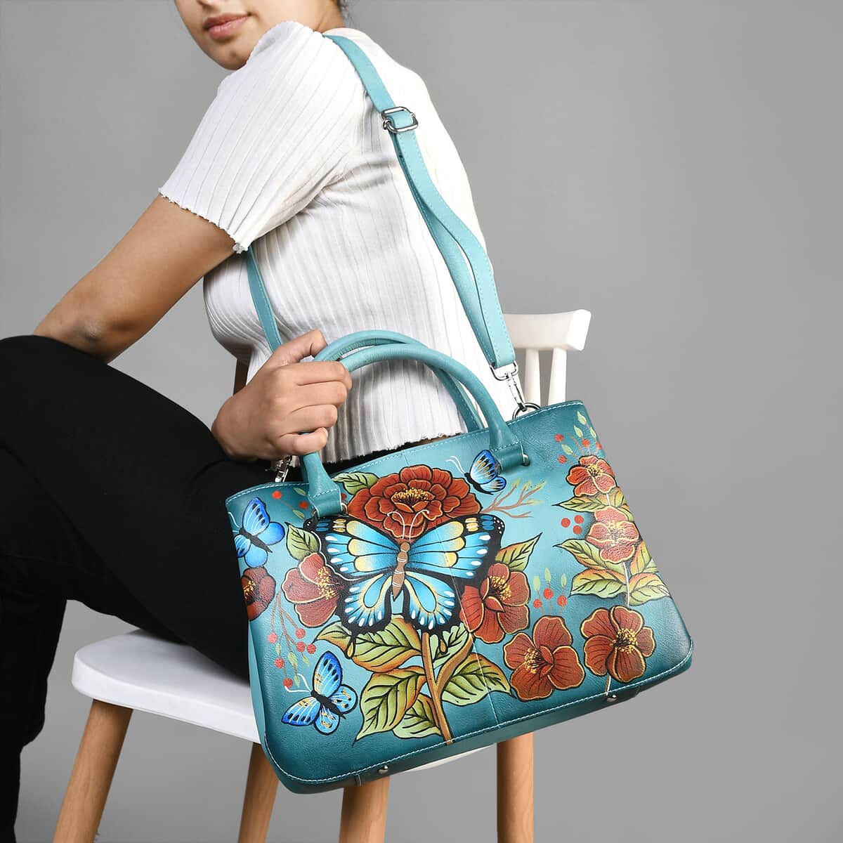 Sukriti Green Butterfly and Flower Hand Painted Genuine Leather Shoulder Bag image number 2