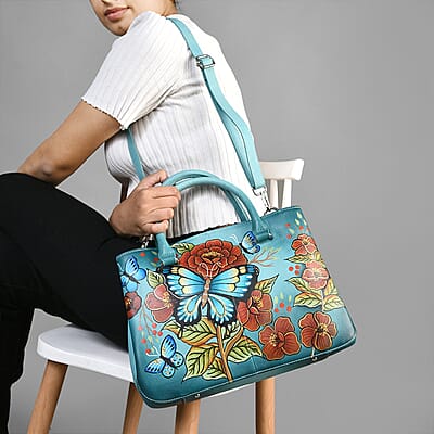 Sukriti Green Butterfly and Flower Hand Painted Genuine Leather Shoulder Bag