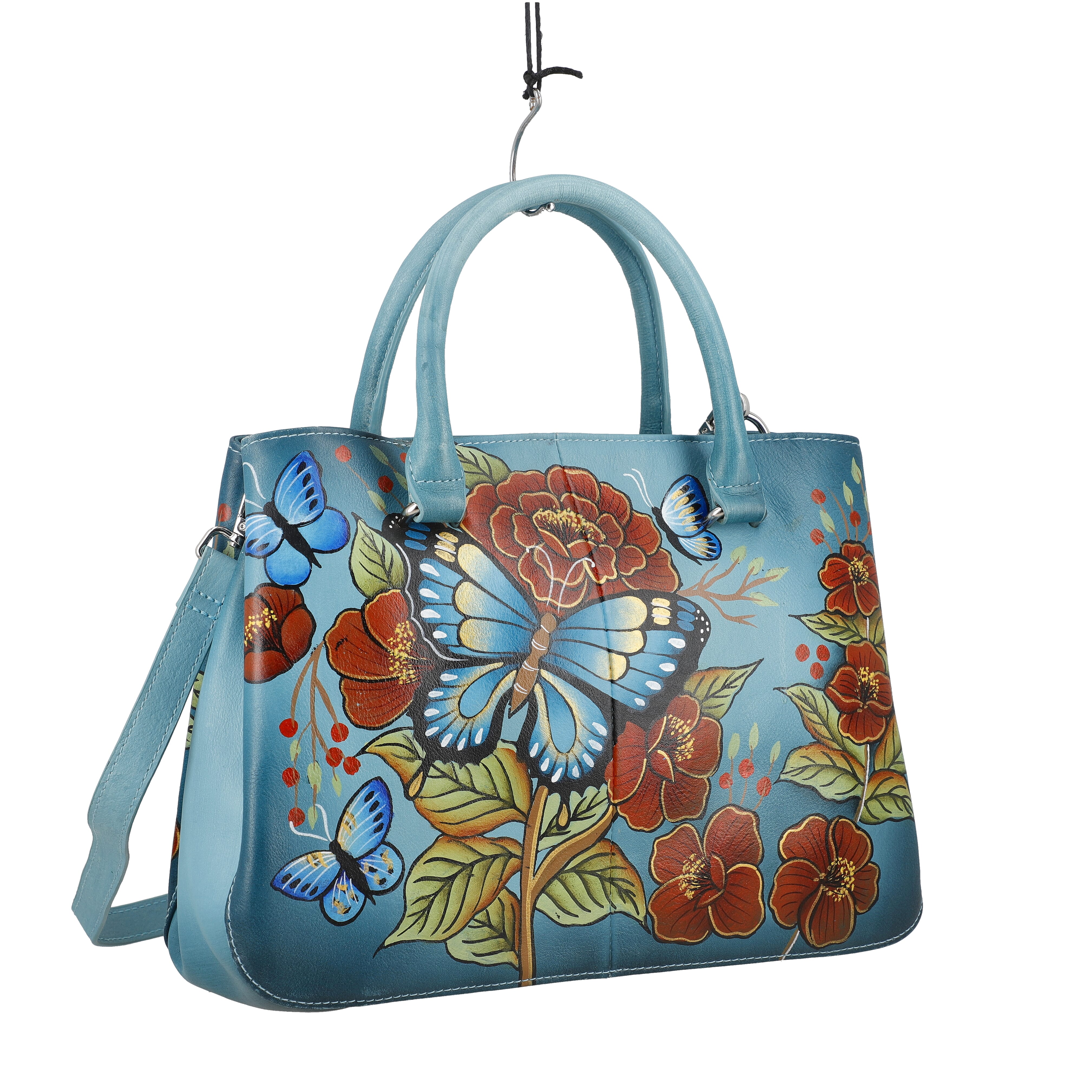 Sukriti Green Butterfly and Flower Hand Painted Genuine Leather Shoulder Bag
