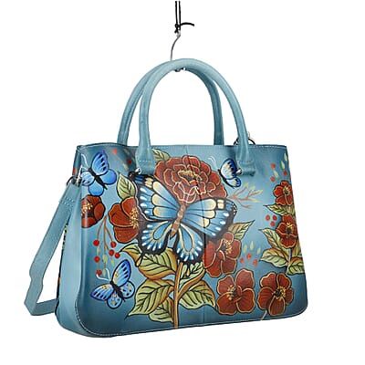 Sukriti Green Butterfly and Flower Hand Painted Genuine Leather Shoulder Bag