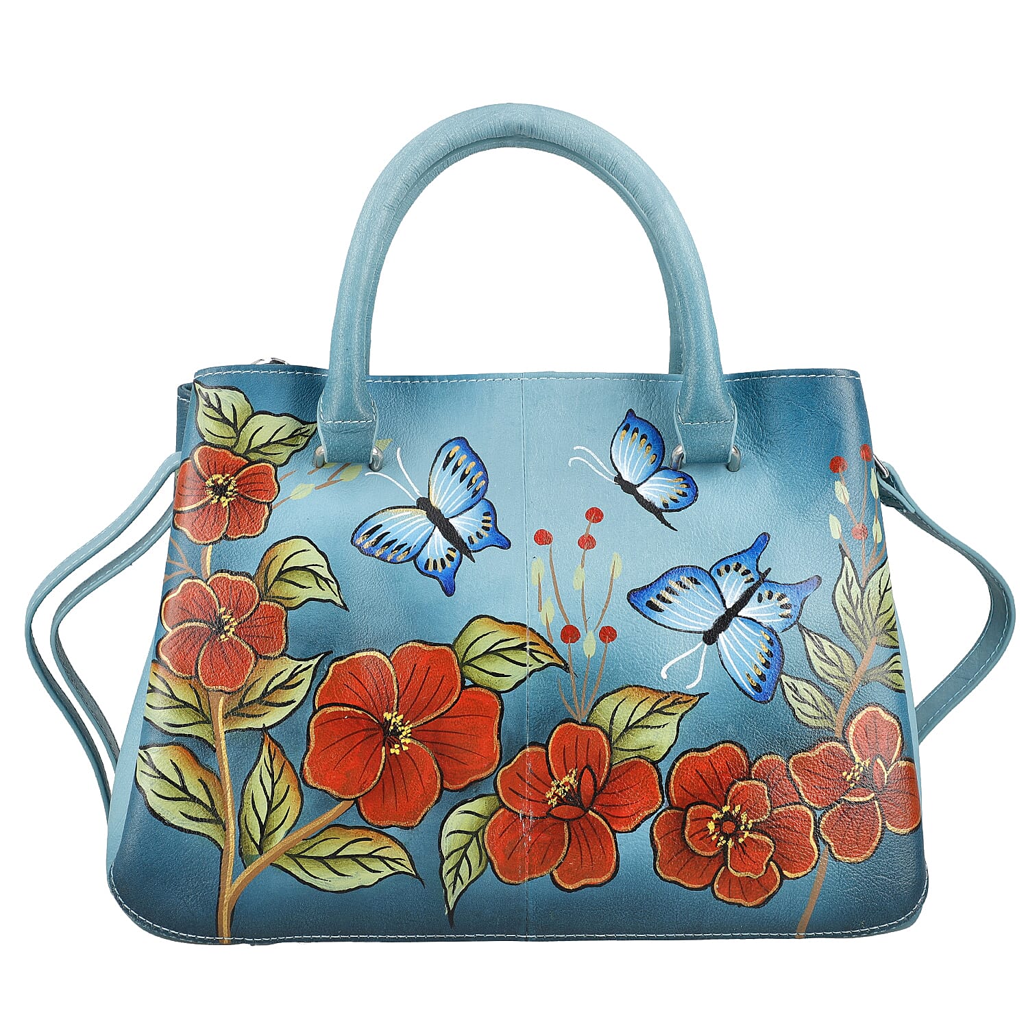 Sukriti Green Butterfly and Flower Hand Painted Genuine Leather Shoulder Bag