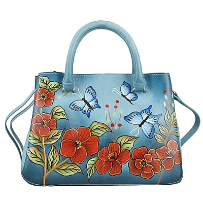 Sukriti Green Butterfly and Flower Hand Painted Genuine Leather Shoulder Bag