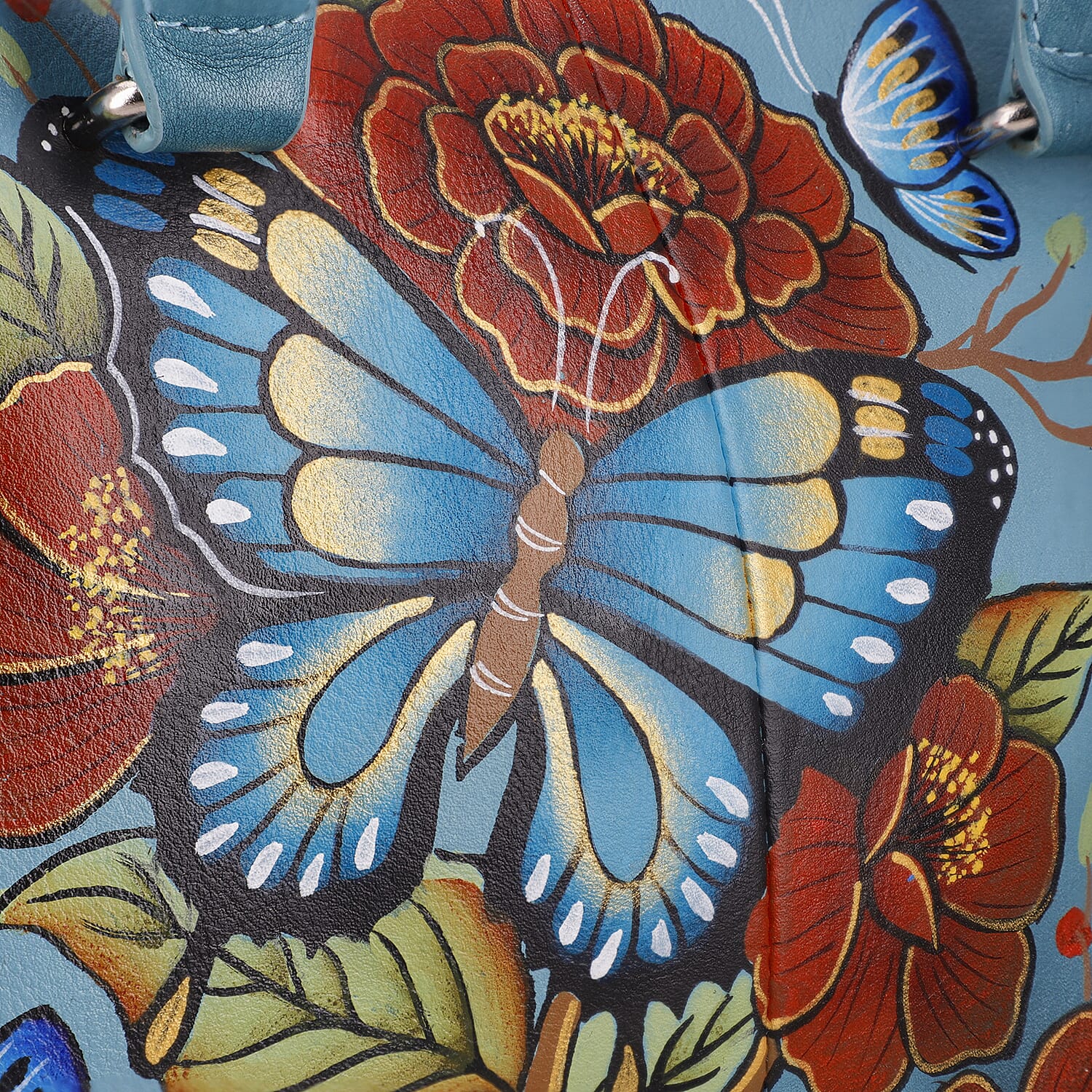 Sukriti Green Butterfly and Flower Hand Painted Genuine Leather Shoulder Bag