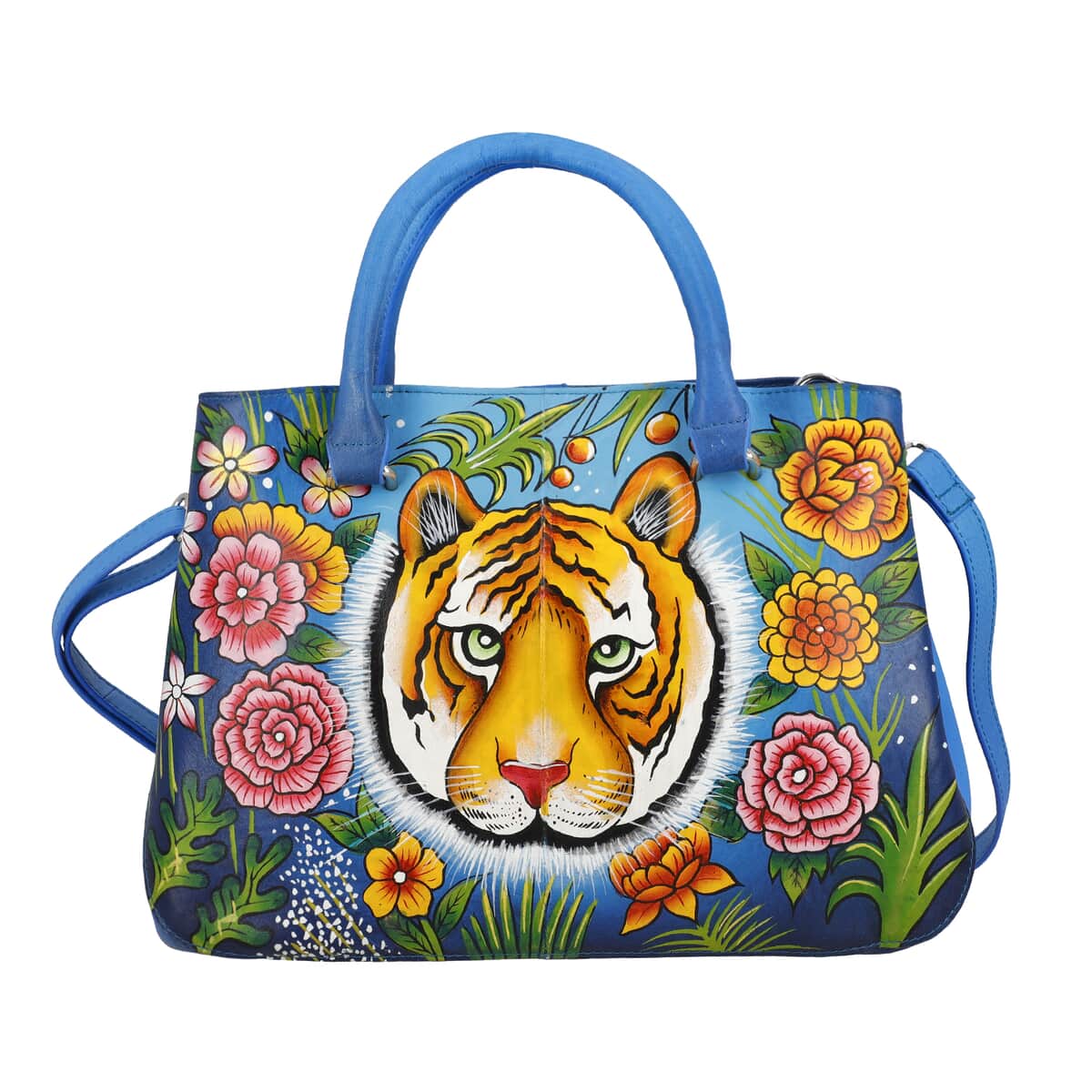 Sukriti Blue Tiger and Flower Hand Painted Genuine Leather Shoulder Bag (14x9.75x3.8) image number 0