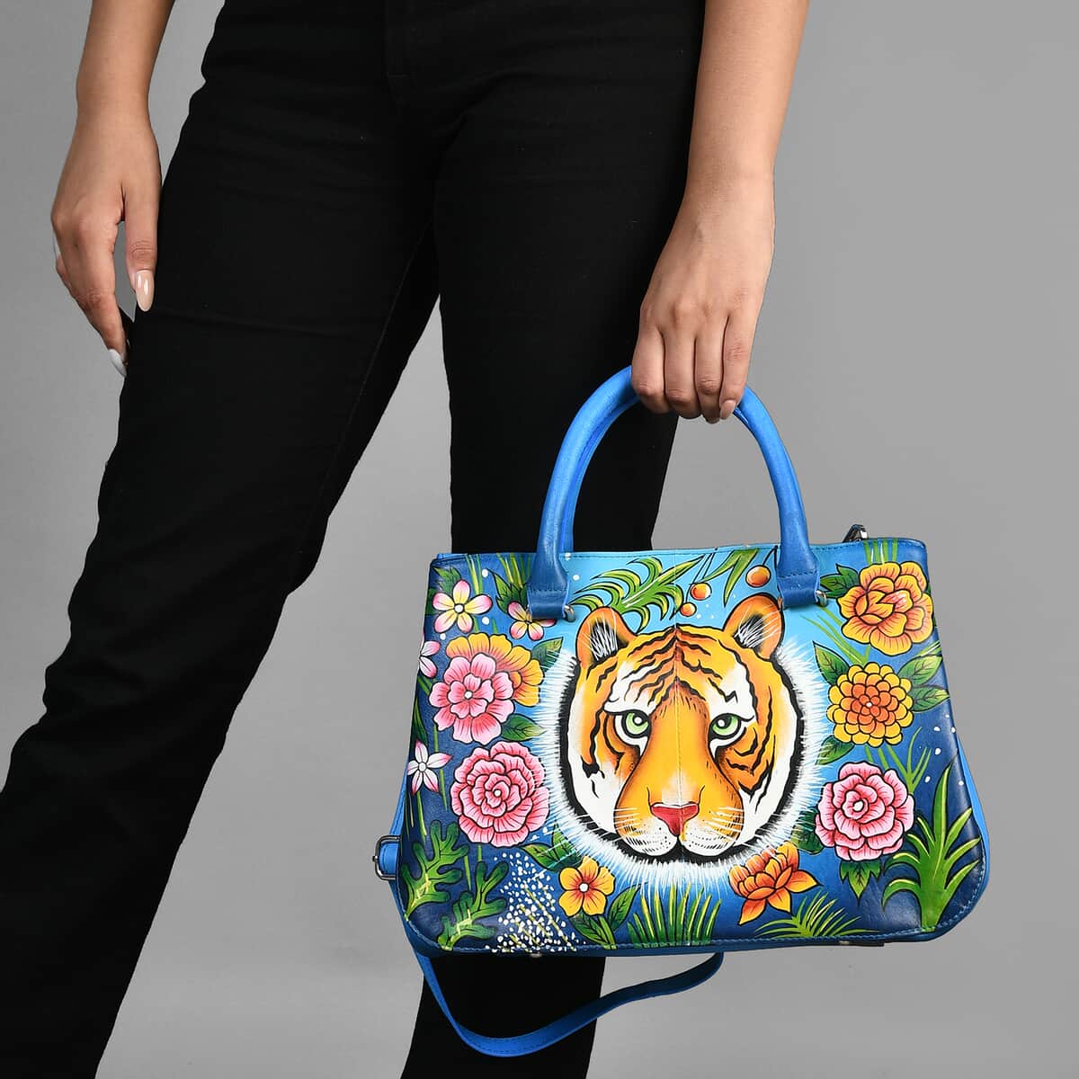 Sukriti Blue Tiger and Flower Hand Painted Genuine Leather Shoulder Bag (14x9.75x3.8) image number 1