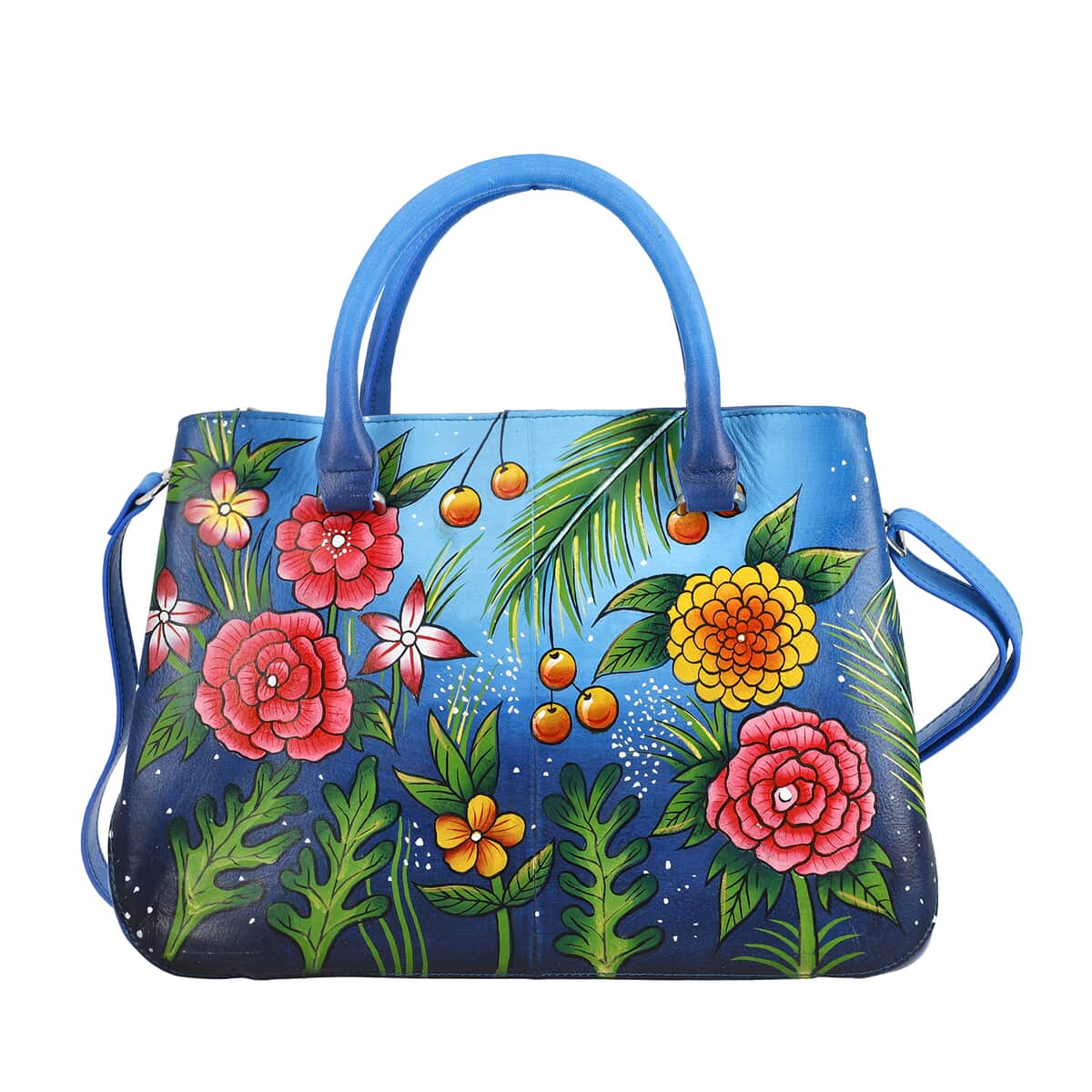 Sukriti Blue Tiger and Flower Hand Painted Genuine Leather Shoulder Bag (14x9.75x3.8) image number 3