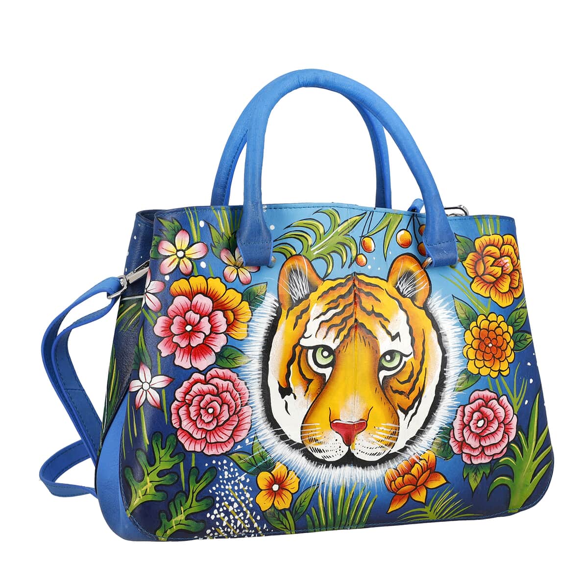 Sukriti Blue Tiger and Flower Hand Painted Genuine Leather Shoulder Bag (14x9.75x3.8) image number 4