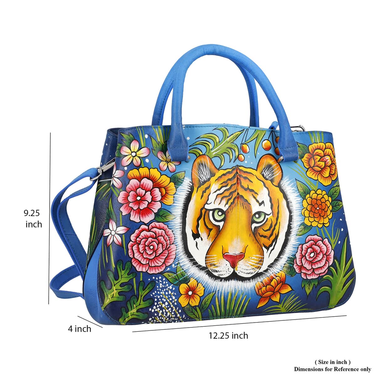 Sukriti Blue Tiger and Flower Hand Painted Genuine Leather Shoulder Bag (14x9.75x3.8) image number 6