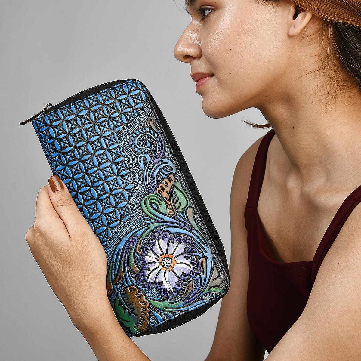 Black RFID Protected Tooled Leather Women's Wallet (9"x1"x5") image number 2