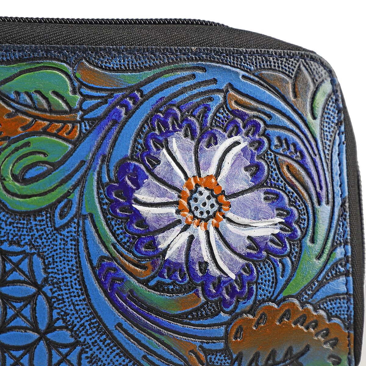 Black RFID Protected Tooled Leather Women's Wallet (9"x1"x5") image number 4