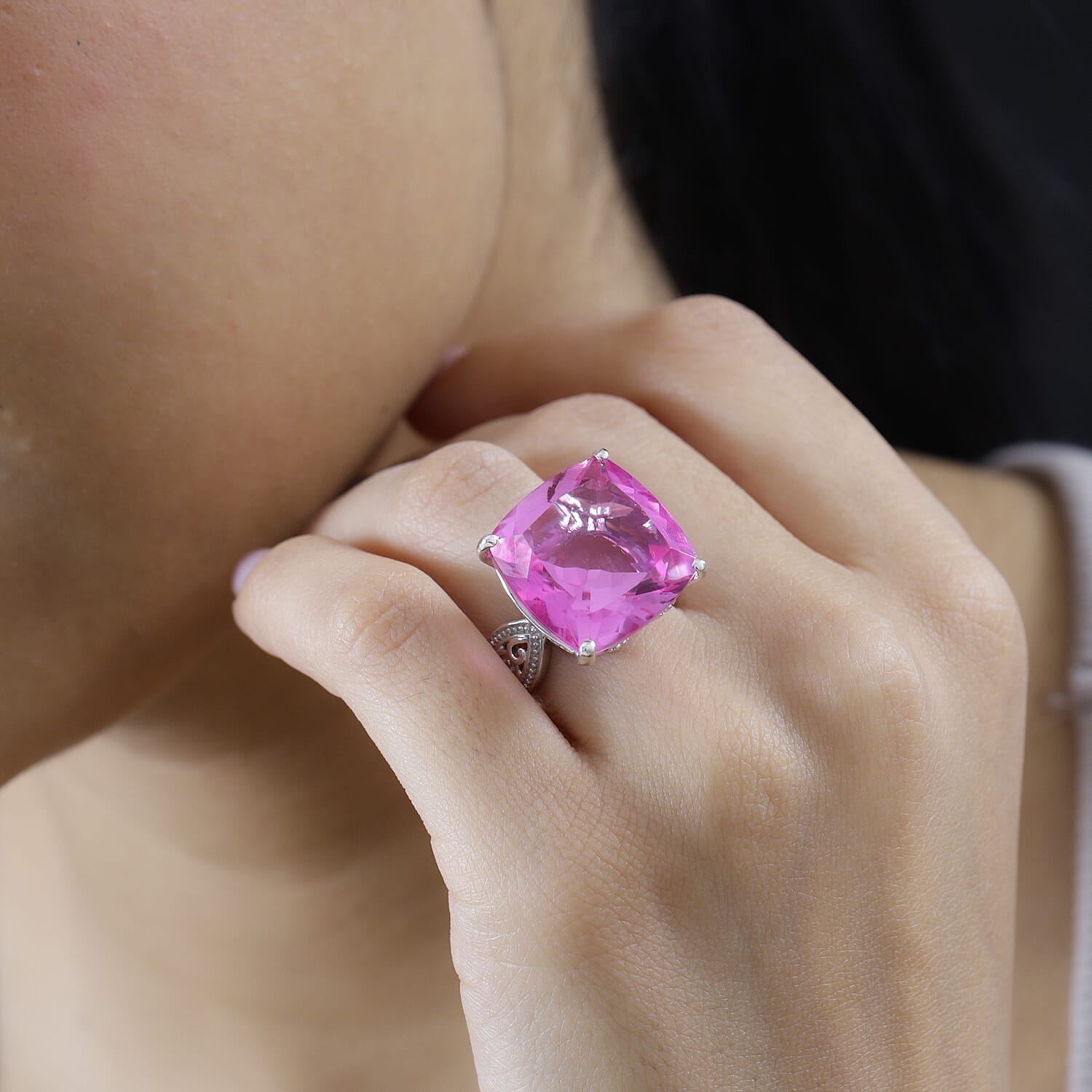 Radiant Orchid Quartz (Triplet) Solitaire Ring in Platinum Over Sterling Silver (Size 10.0) 22.75 ctw