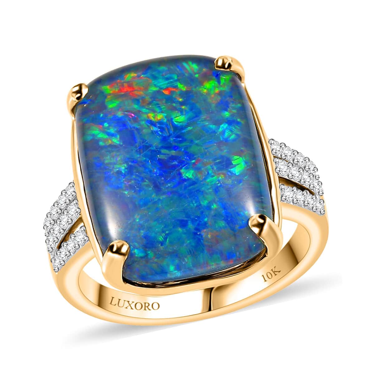 Luxoro Premium Boulder Opal (Triplet) and Moissanite 9.75 ctw Ring in 10K Yellow Gold (Size 10.0) image number 0