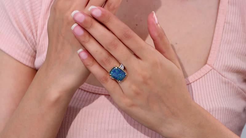 Luxoro 10K Yellow Gold Premium Boulder Opal (Triplet), Moissanite Ring (Size 10.0) 9.75 ctw
