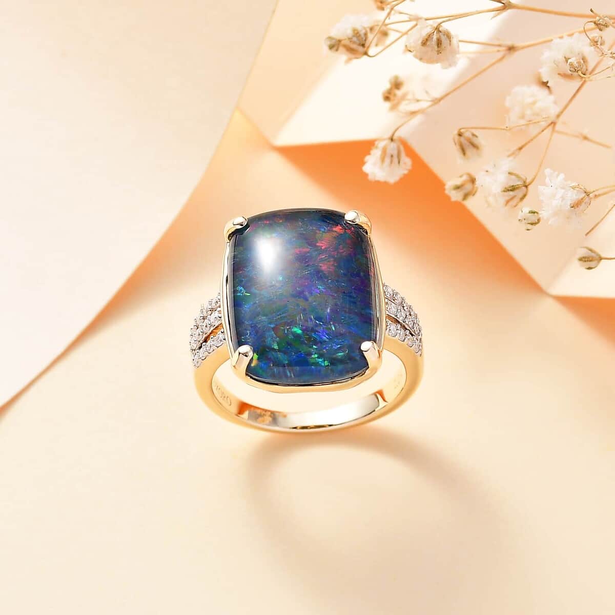 Luxoro Premium Boulder Opal (Triplet) and Moissanite 9.75 ctw Ring in 10K Yellow Gold (Size 10.0) image number 1