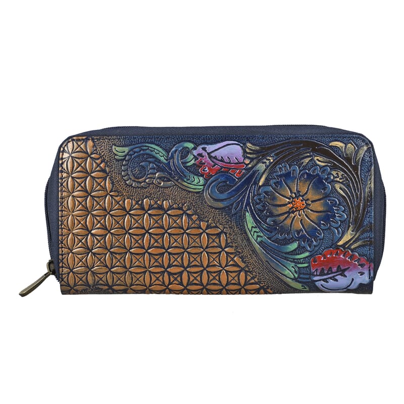Navy RFID Protected Tooled Leather Women's Wallet