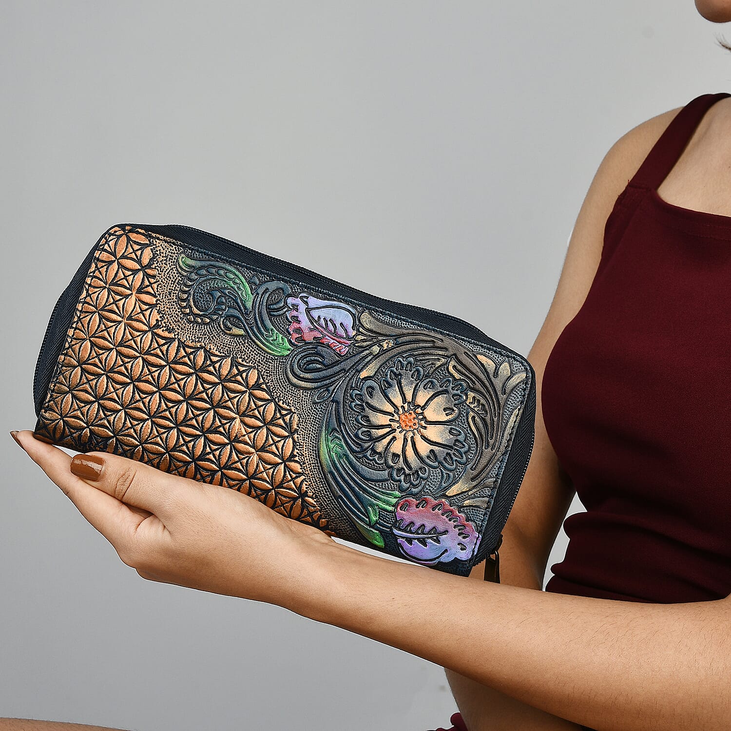 Navy RFID Protected Tooled Leather Women's Wallet
