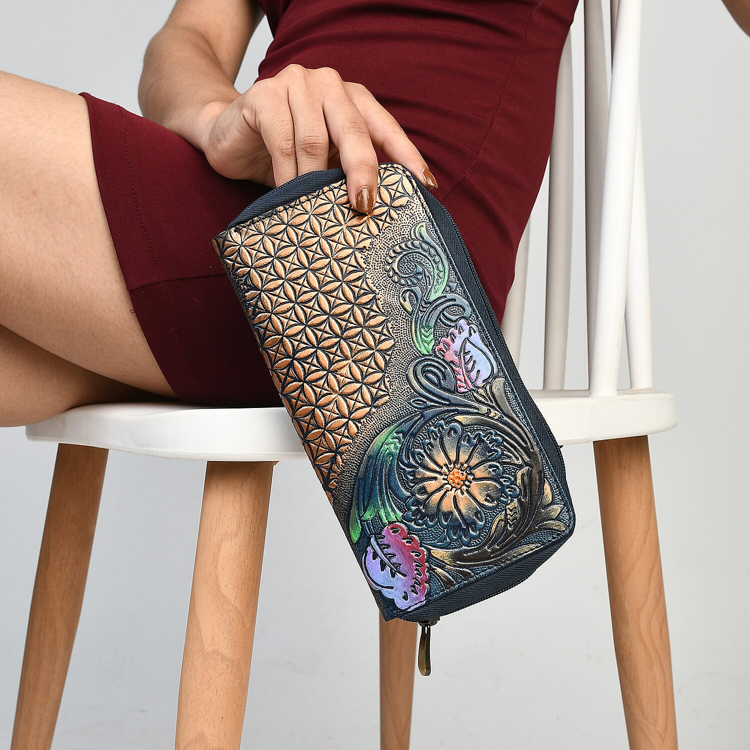 Navy RFID Protected Tooled Leather Women's Wallet