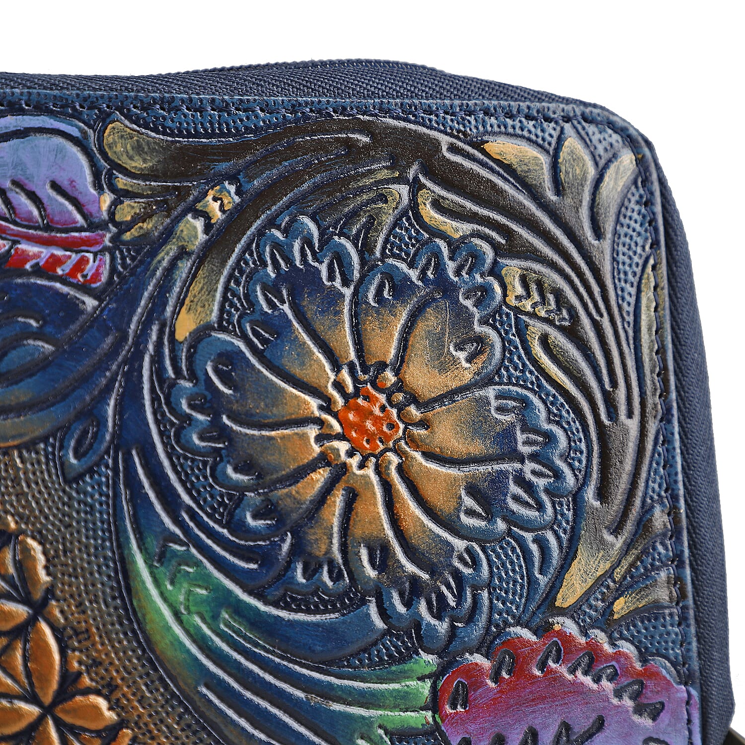 Navy RFID Protected Tooled Leather Women's Wallet