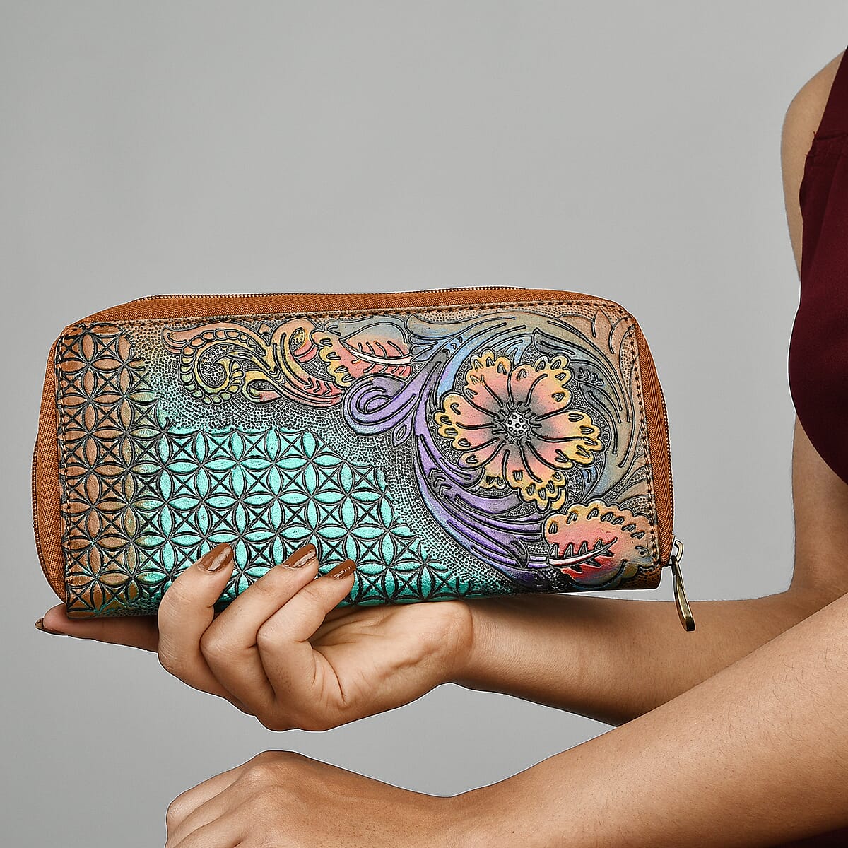 Tan RFID Protected Tooled Leather Women's Wallet image number 1