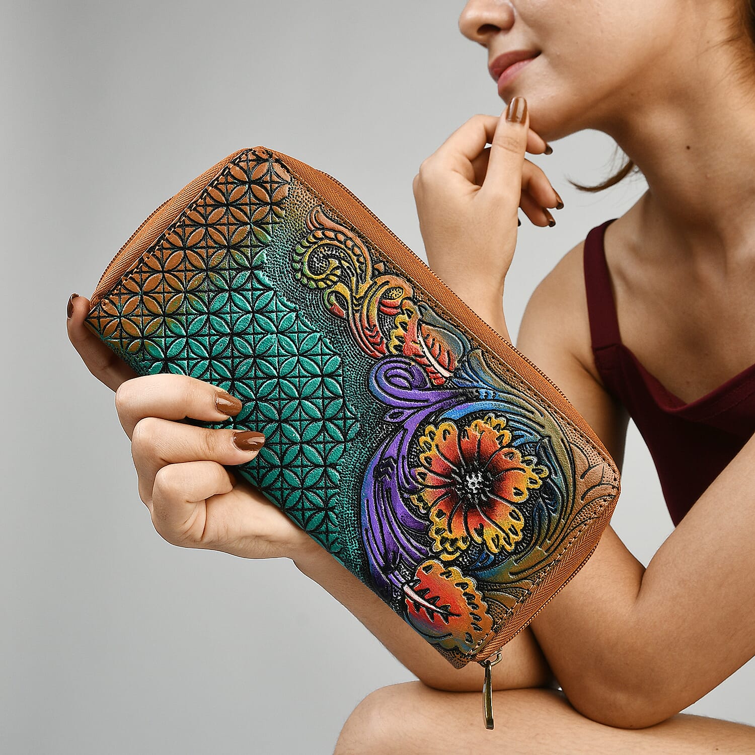 Tan RFID Protected Tooled Leather Women's Wallet