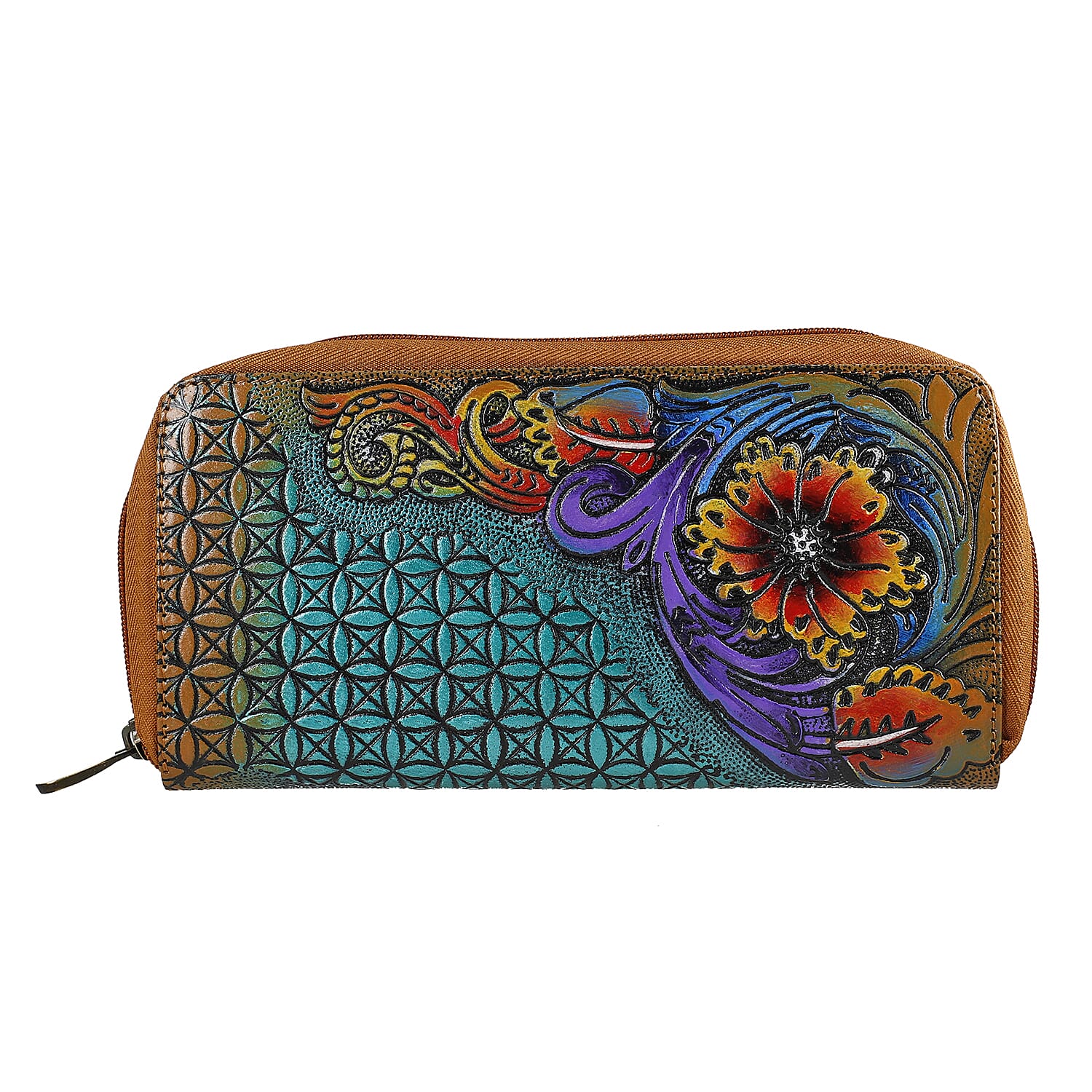 Tan RFID Protected Tooled Leather Women's Wallet