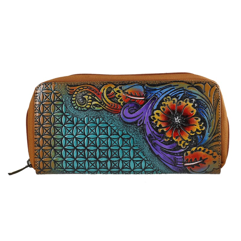 Tan RFID Protected Tooled Leather Women's Wallet