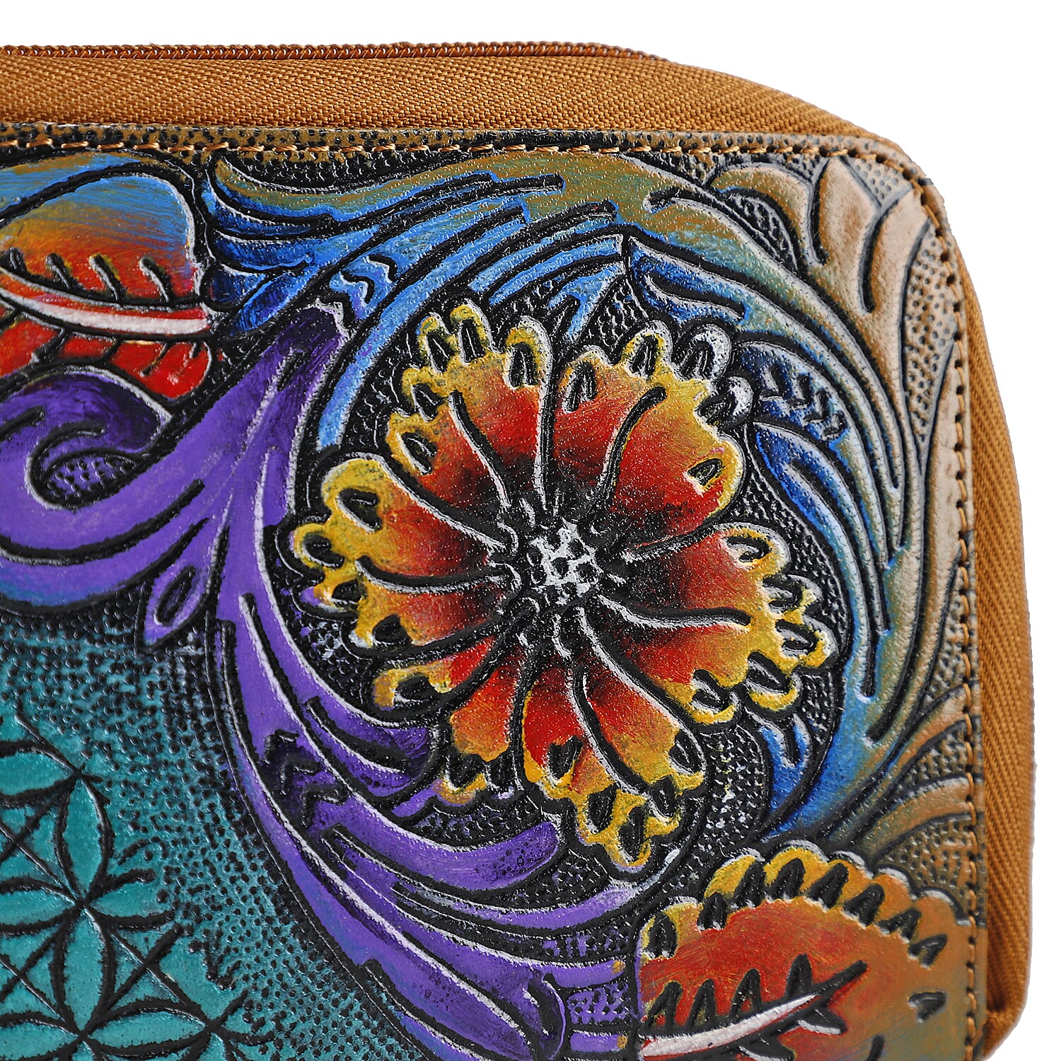Tan RFID Protected Tooled Leather Women's Wallet