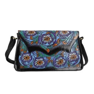 Sukriti Black Genuine Leather Hand Painted & Leather Distressed Crossbody Bag 