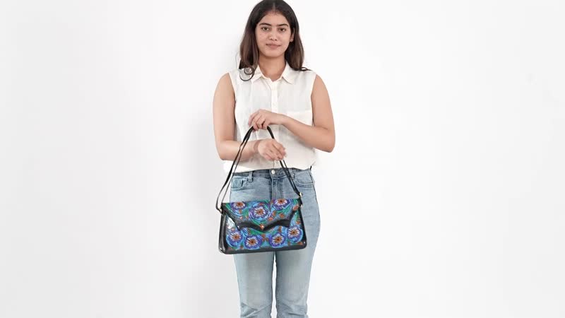 Black Genuine leather Handpainted Ttooled Crossbosy Sling Bag (12.59"x2.5"x7.67")