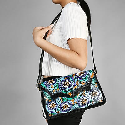 Sukriti Black Genuine Leather Hand Painted & Leather Distressed Crossbody Bag 