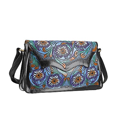Sukriti Black Genuine Leather Hand Painted & Leather Distressed Crossbody Bag 