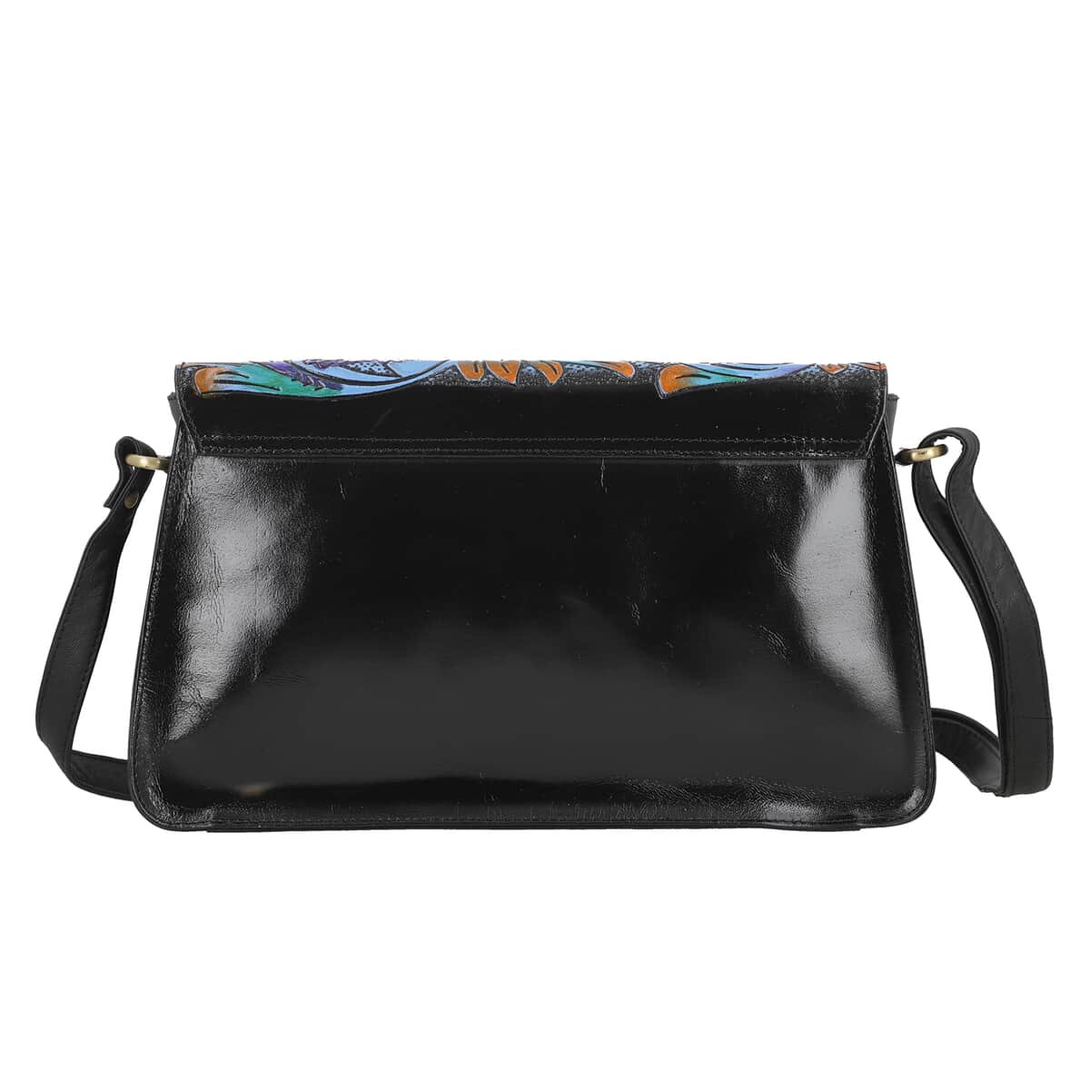 Black Genuine leather Handpainted Ttooled Crossbosy Sling Bag (12.59"x2.5"x7.67") image number 4