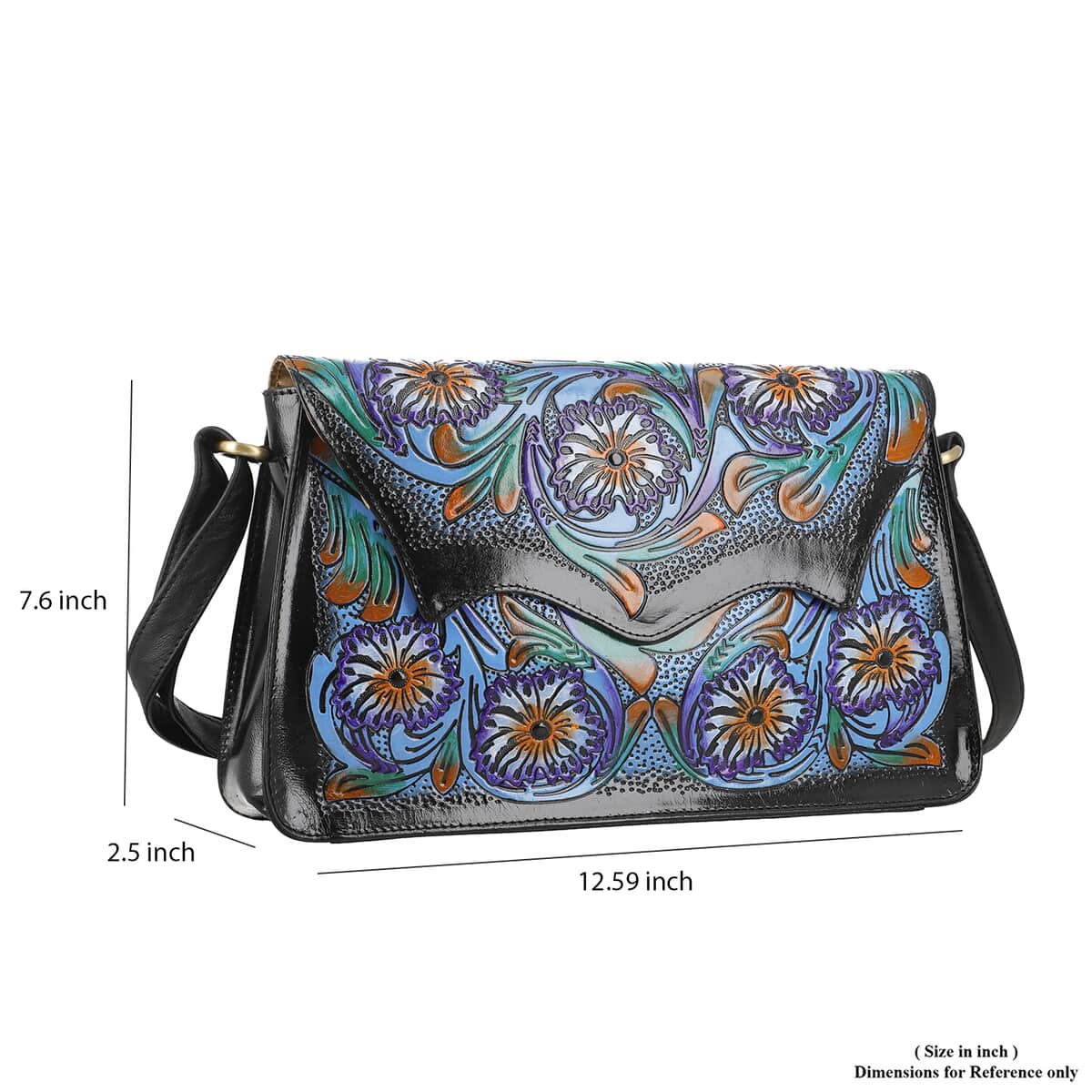 Black Genuine leather Handpainted Ttooled Crossbosy Sling Bag (12.59"x2.5"x7.67") image number 6