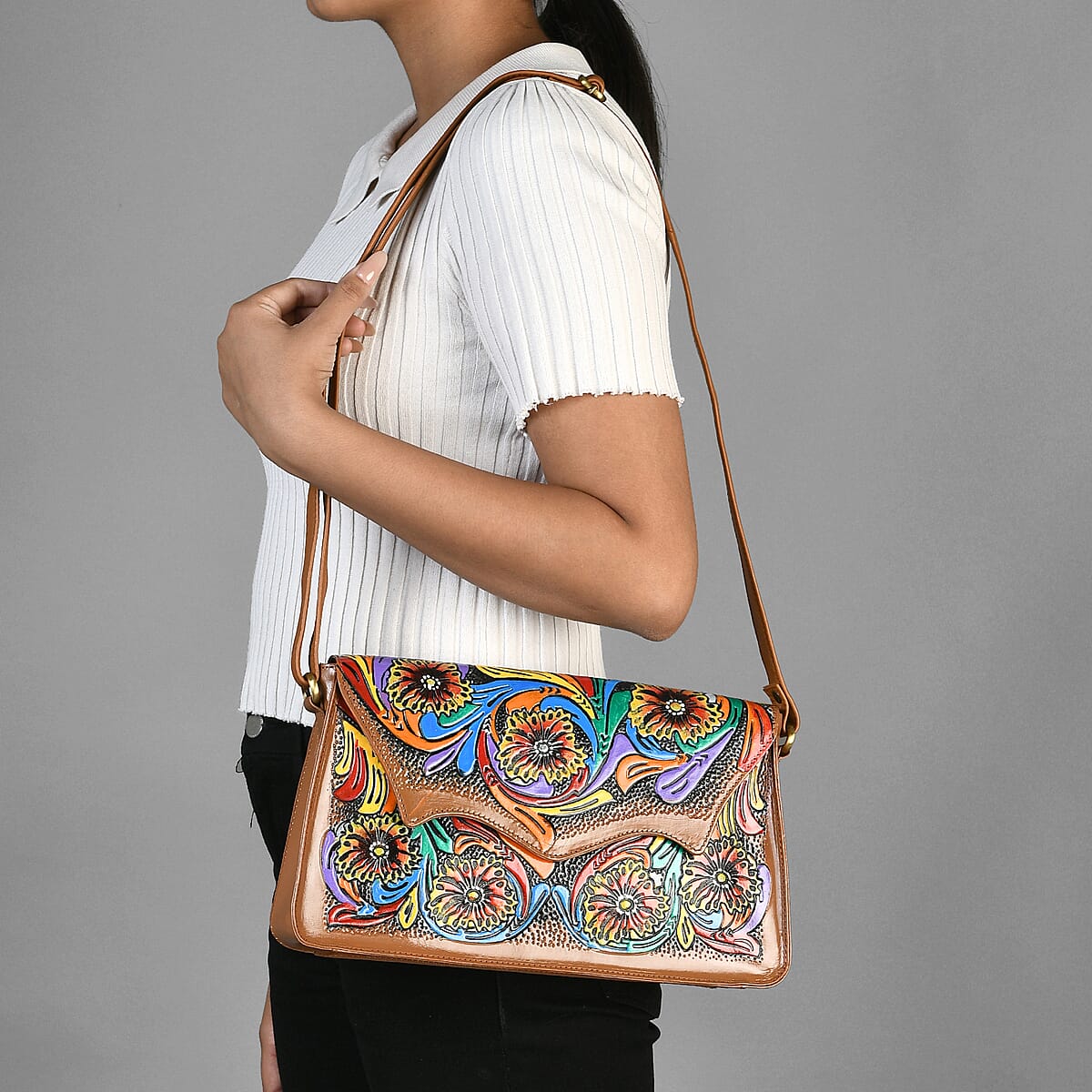Sukriti Tan Genuine Leather Hand Painted & Leather Distressed Crossbody Bag image number 1