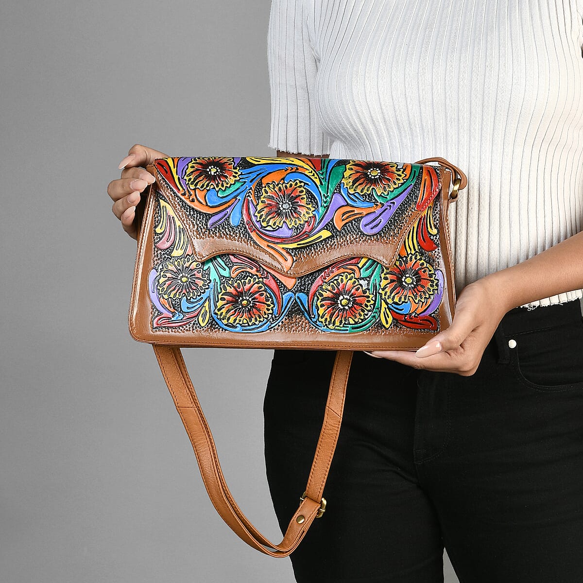 Sukriti Tan Genuine Leather Hand Painted & Leather Distressed Crossbody Bag image number 2