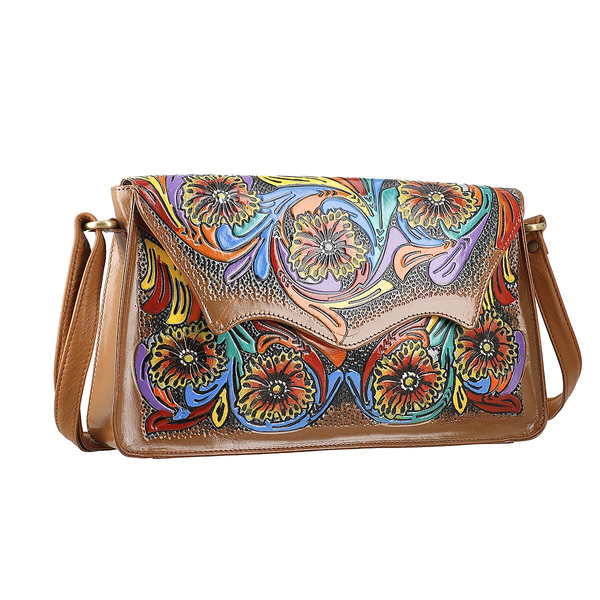Sukriti Tan Genuine Leather Hand Painted & Leather Distressed Crossbody Bag image number 3