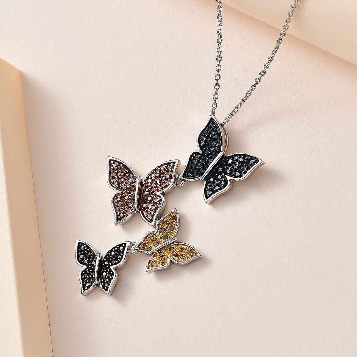 GP Trionfo Nature's Collection Multi Color Diamond Butterfly Pendant Necklace 18-20 Inches in Platinum Over Sterling Silver 0.50 ctw image number 1