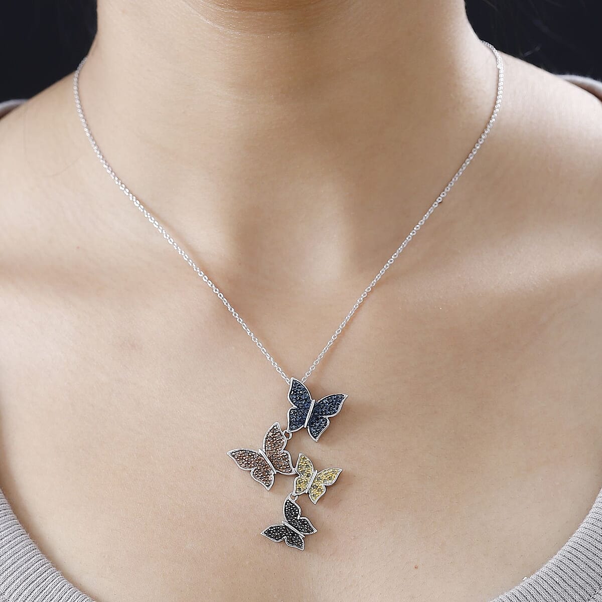 GP Trionfo Nature's Collection Multi Color Diamond Butterfly Pendant Necklace 18-20 Inches in Platinum Over Sterling Silver 0.50 ctw image number 2
