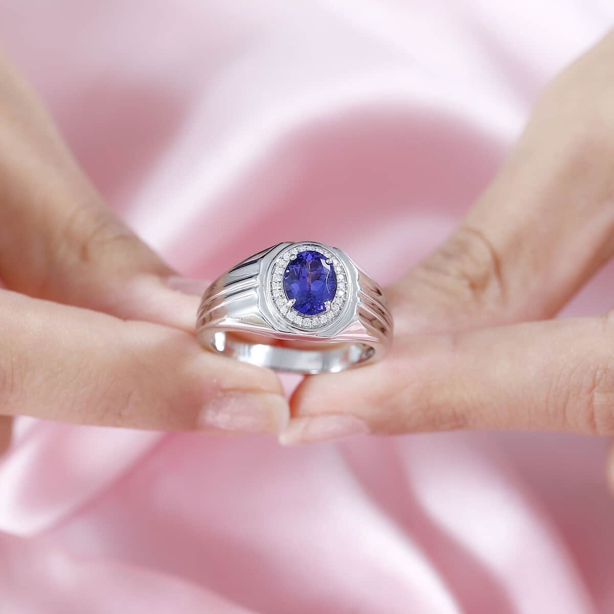 Rhapsody 950 Platinum AAAA Tanzanite and E-F VS Diamond Men's Ring (Size 11.0) 11.25 Grams 2.30 ctw image number 2